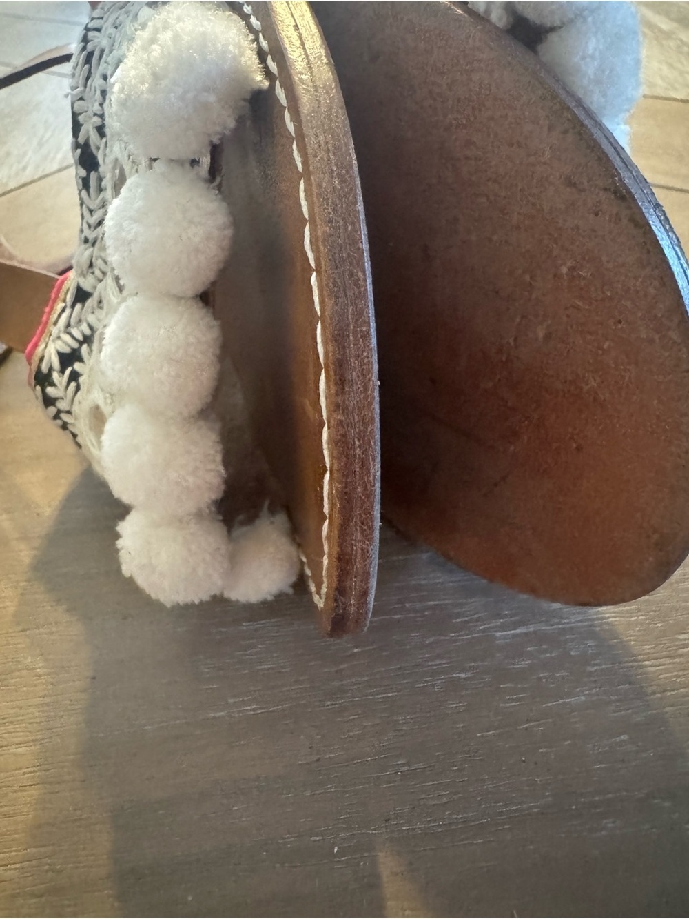 Anthropologie DVLPMNT Brown Genuine Leather Pom-Pom & Embroidered Sandals - Picture 12 of 14
